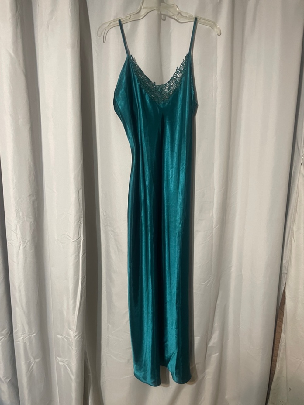 Vintage Satin Teal Lace-Trim Slip Dress